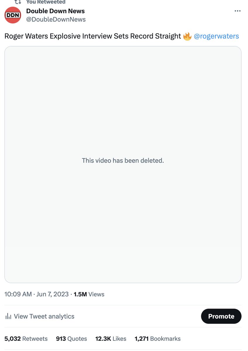 DoubleDownNews's tweet photo. Our interview video with Roger Waters, which reached over 1.5 million people has been deleted.

This is extremely disturbing @Twitter.

@ElonMusk can you please help, explain and reinstate the video with @RogerWaters https://t.co/1knyBvHJGG