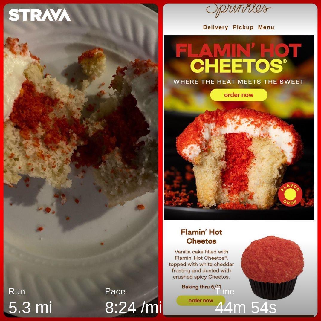 eversull's tweet photo. When you spend Friday night downing Flaming Hot Cheetos Cupcakes from @sprinkles, you wake up and run!! #flaminghotcheetoscupcake #willrunforfood #saturdayrun #weekendrun 

#azrunner  #nikerunner #nikefreern #fitover55 #gayrunner #wayoflife #wolaco #oldmenrun #runner #running https://t.co/RHOpiS36sX