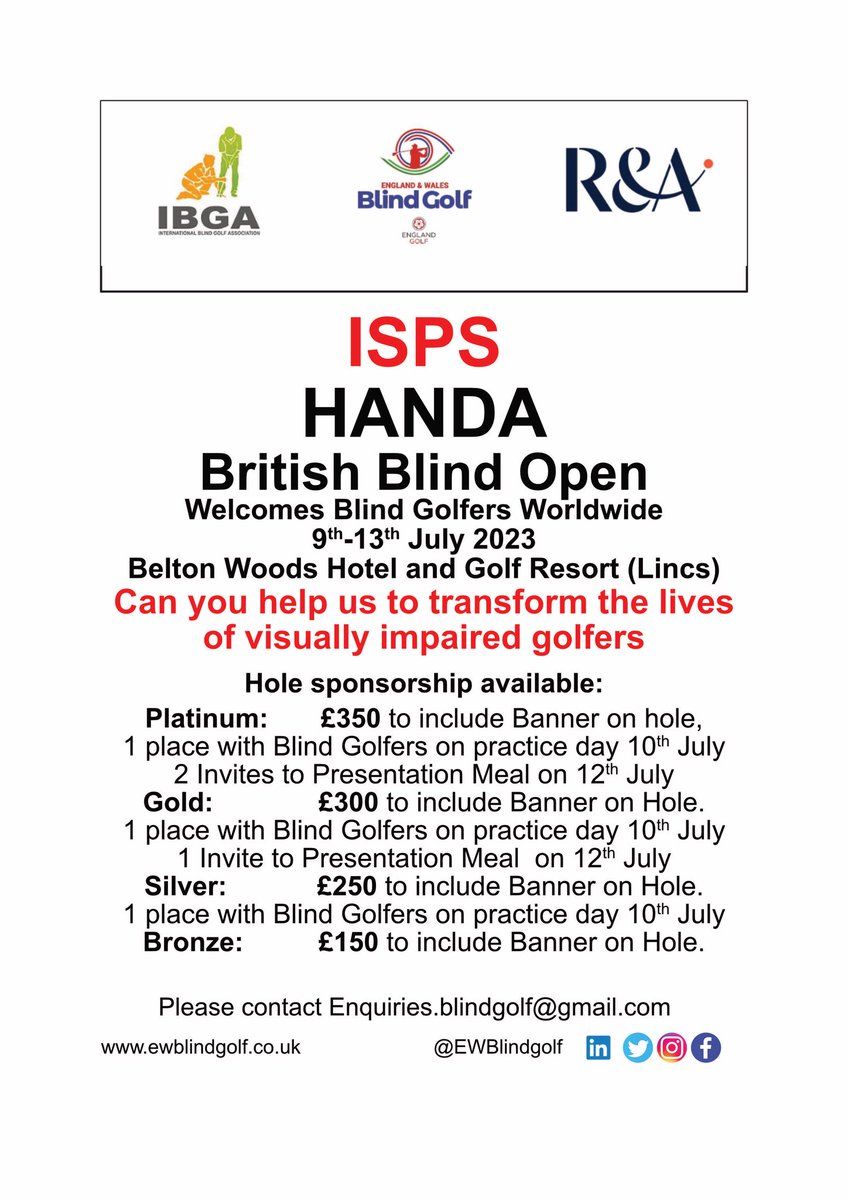 Please can I ask my friends to share. If anyone is interested in supporting the Blind Golf British Open Championships please DM me for more details. <a href="/EWBlindGolf/">England and Wales Blind Golf</a>