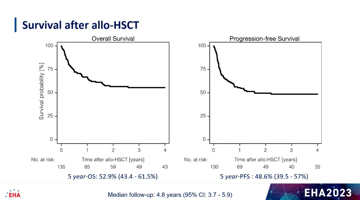 lymphomahub's tweet image. CONGRESS #EHA2023 | Philipp Berning @UK_Muenster presents a retrospective analysis on role of allo #HSCT in 135 pts with R/R NK T-cell #lymphoma. 5-yr PFS &amp;amp; OS were 48.6% &amp;amp; 52.9%, respectively. 3-yr NRM was 17.3%. MAC &amp;amp; RIC regimens showed similar survival.
#lym #lymsm