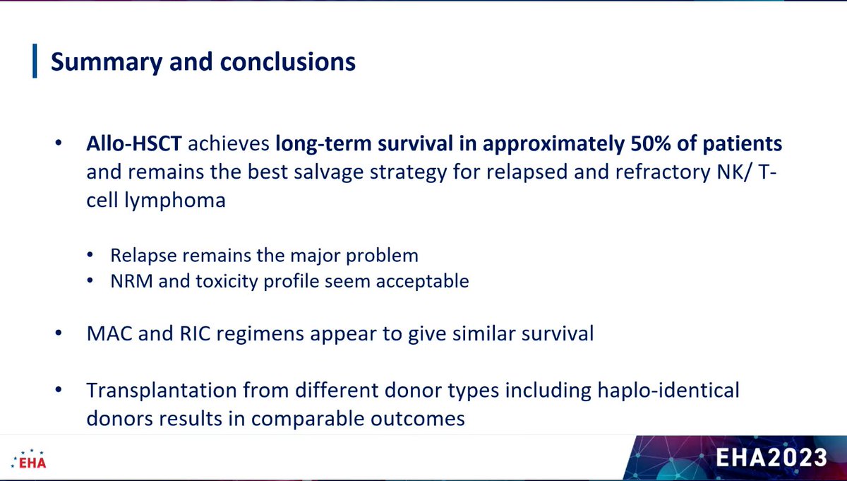 lymphomahub's tweet image. CONGRESS #EHA2023 | Philipp Berning @UK_Muenster presents a retrospective analysis on role of allo #HSCT in 135 pts with R/R NK T-cell #lymphoma. 5-yr PFS &amp;amp; OS were 48.6% &amp;amp; 52.9%, respectively. 3-yr NRM was 17.3%. MAC &amp;amp; RIC regimens showed similar survival.
#lym #lymsm