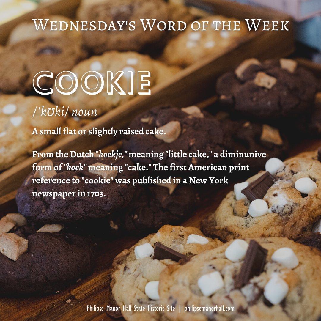 PhilipseManor's tweet photo. Cookies - they're one of America's favorite treats. But did you know it's a distinctly American word with a Dutch origin? What's your favorite kind of cookie? 

#Cookie #Cookies #DutchNewYork #WordNerd #Etymology #FoodHistory #DutchLanguage #Dutch #PhilipseManorHall https://t.co/0UdJ8ndGxR