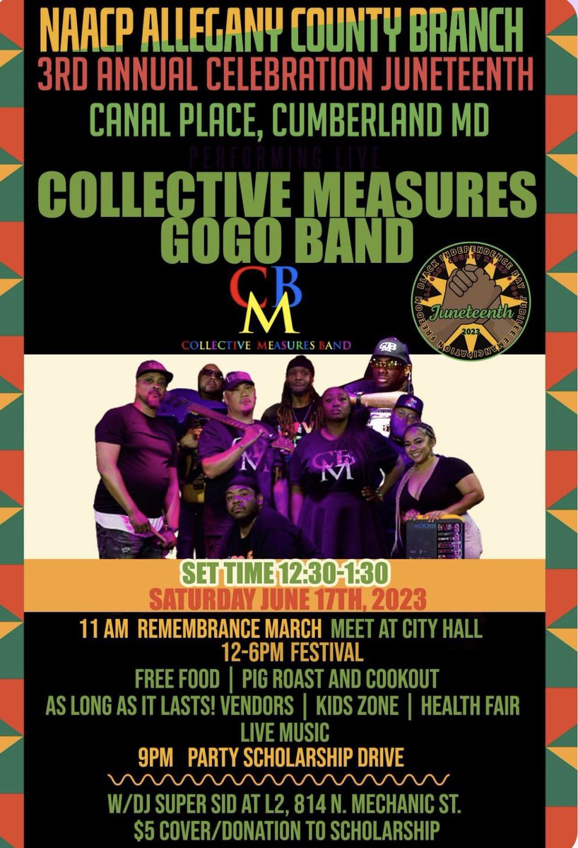 Next Saturday, the CMB Band will be performing at the <a href="/AlcoNaacp/">AlleganyCountyNAACP</a> Juneteenth Festival in Cumberland, MD. After party with DJ Super Sid - Shout out to <a href="/ruckaruckent/">RuckaRuck Entertainment</a> for making it happen #dontmutedc #dcgogomusic
