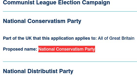 What a coincidence

The 'National Conservatism Party' (Nat C's) registered as a party name with the electoral commission

Yesterday...

electoralcommission.org.uk/who-we-are-and…