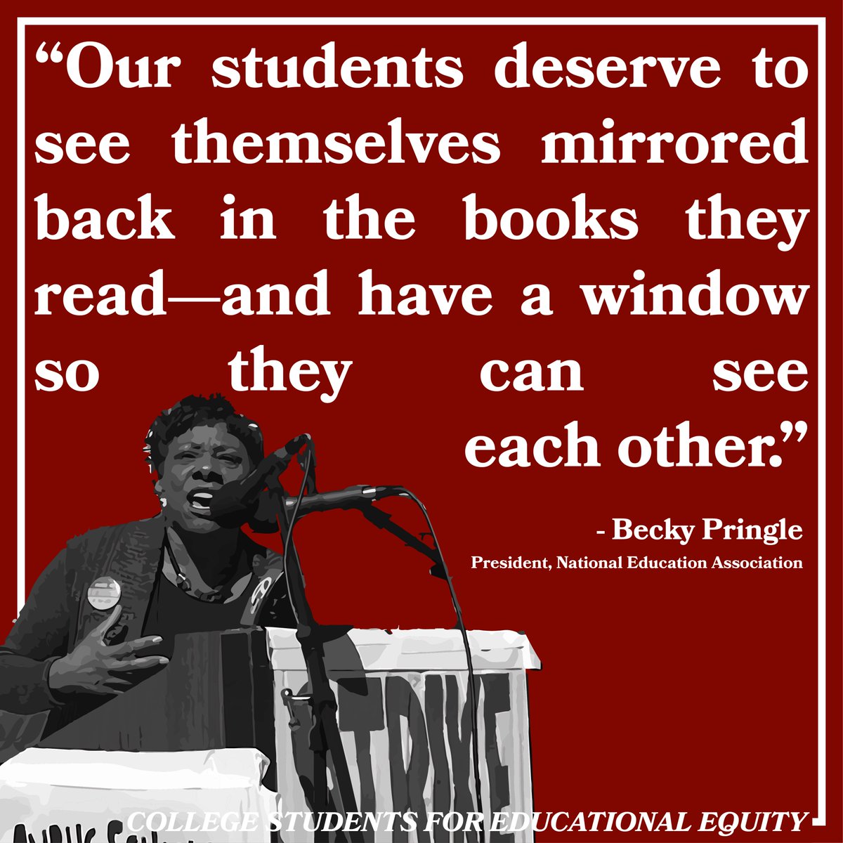 csforedequity's tweet photo. @BeckyPringle, President of @NEAToday, speaks an undeniable, but often fought, truth -- that all students deserve to see themselves and their peers in the books they are reading in their classrooms. https://t.co/r5maN4s9W8
