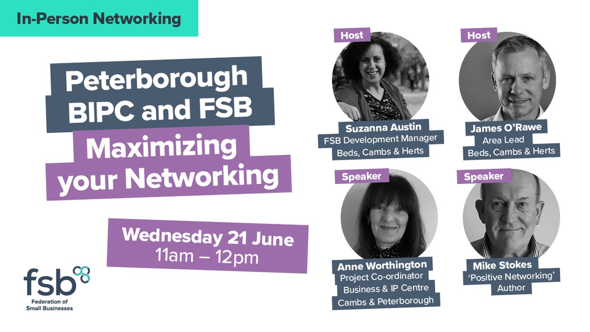 📣Calling all 📍Peterborough SME's 📣
❗LAST CHANCE❗ to book a FREE space at our in-person networking on 21st June
 
 Meet other business owners, network and hear from guest speaker, Mike Stokes on “Three biggest mistakes by Networkers". 
 
Book  today 👇
go.fsb.org.uk/3qCcYKn