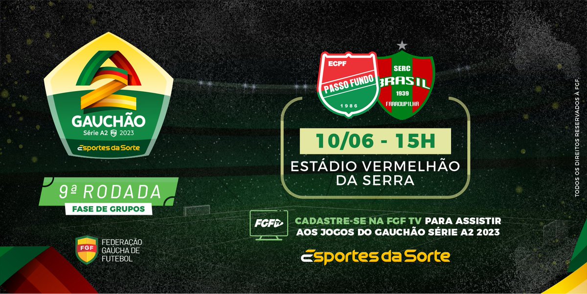 ⚽ O <a href="/SouPassoFundo/">E.C. Passo Fundo</a> recebe o <a href="/brasilfa/">SERC Brasil de Farroupilha</a> neste sábado, às 15h, pela 9ª rodada do Gauchão Série A2 - Esportes da Sorte. 

💻 Assista gratuitamente na FGF TV: fgftv.com.br/gauchao-serie-…

#FGF #FutebolGaúcho #GauchãoSérieA2