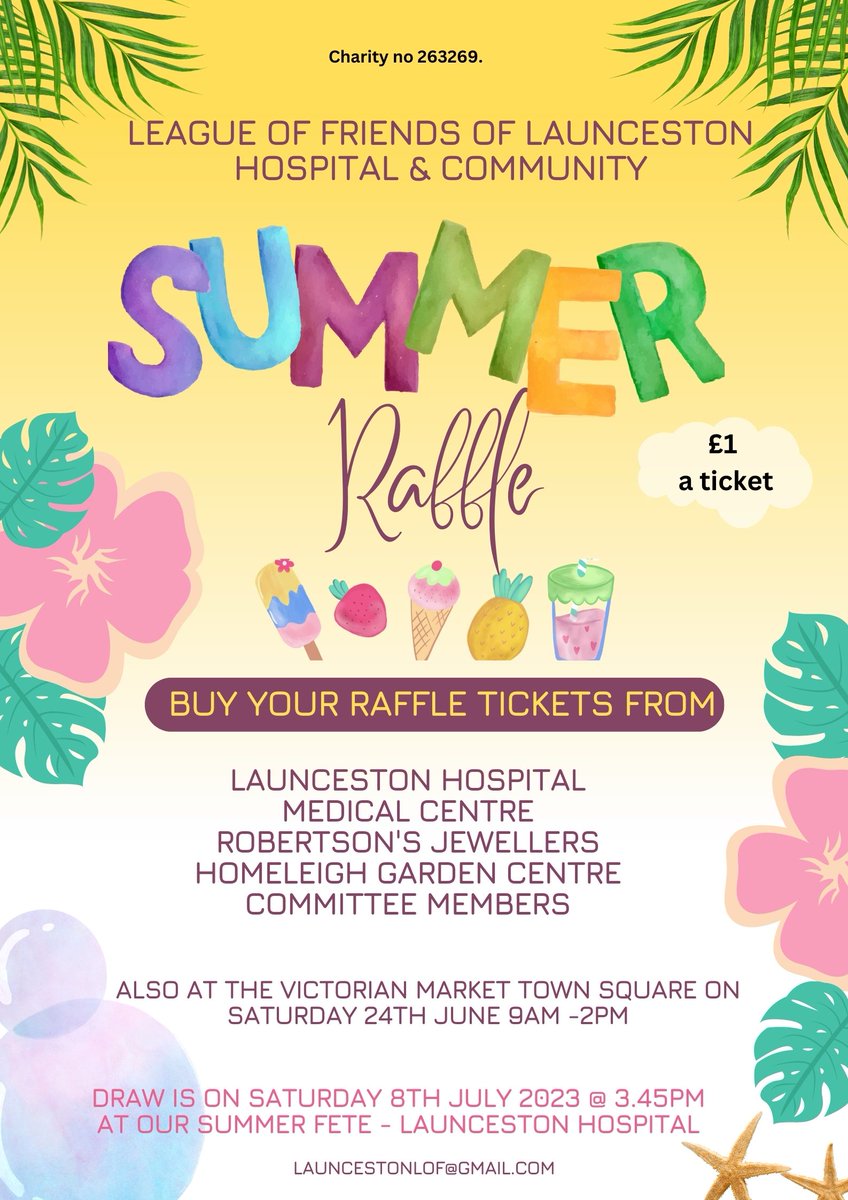We are now on countdown to our fete on Sat 8th July @LauncestonHosp 2pm-4pm Let's kick start - promotion of our Grand Summer Raffle. Prizes~ 1st £100 ~ 2nd £50 ~ 3rd £25 ~plus many more prizes Buy your tickets from the listed venues below /you can buy on the day at the fete