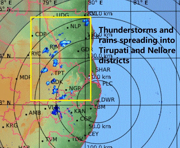 HEAVY THUNDERSTORM ALERT --- Many parts of #Tirupati district along with some parts of #Annamayya district mainly Rajampeta - Koduru belt will see Widespread Thunderstorms and Heavy rains during next 2 hours. Conditions are super good for some rains over Tirupati city too