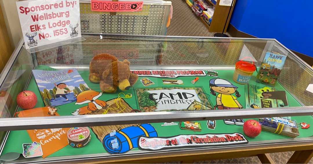 BrookePublic's tweet image. Camp Kindness has taken over the display case! #librarydisplays #bookdisplays #summerreading