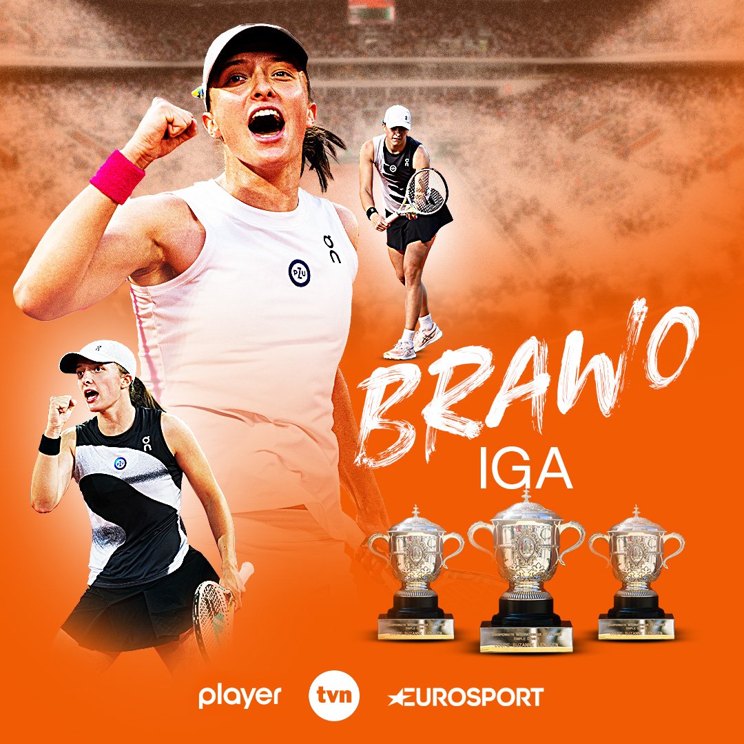 Eurosport_PL's tweet photo. HAT-TRICK SKOMPLETOWANY‼️ 🏆🏆🏆

Iga Świątek mistrzynią #RolandGarros po raz trzeci❗

#JazdaIga #RG23 @iga_swiatek https://t.co/jqAEf4llxo