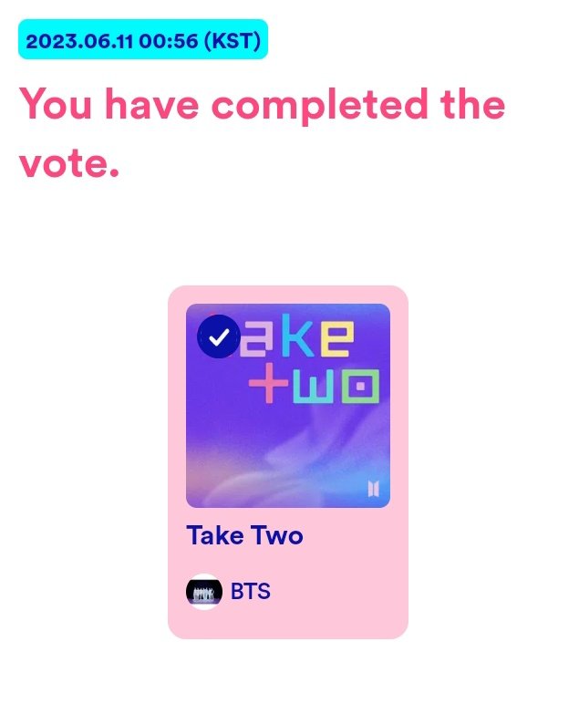 sugadboy's tweet photo. — ARMY, la pre-votación de M COUNTDOWN reinició y 'Take Two' de #BTS se encuentra nominada. 

Pasen a dejar su voto ↓
(https://t.co/zAlu82aAIF) https://t.co/WMYLHLipn0