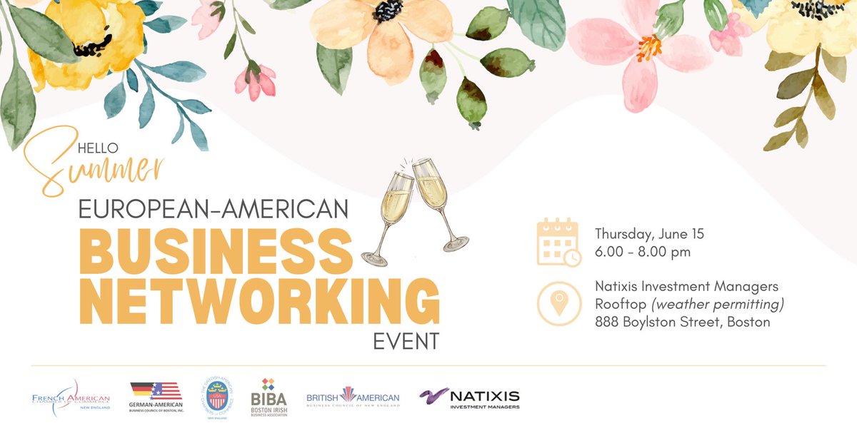 Join the top European-American Chambers in Boston for a #European-American Business Networking EVENT. 06/15/23, 6pm-8pm. Hosted by Natixis IM on their stunning #Boston rooftop. 

BABCNE Member Ticket ($32)
ow.ly/LXt950OKP6M

Non-member Ticket ($47)
ow.ly/WQgO50OKP6K