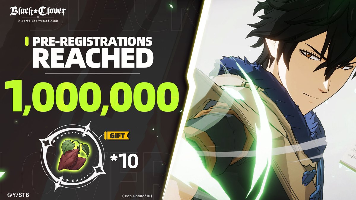 Milestone achieved!  🎉✅

Pre-register now 👉🏻 buff.ly/3CaHi1c 

Thank you for 1 million pre-registrations, Magic Knights! Rewards will be available in everyone's in-game mail once the game is available.

#BlackClover #BlackCloverMobile #RiseOfTheWizardKing #Garena