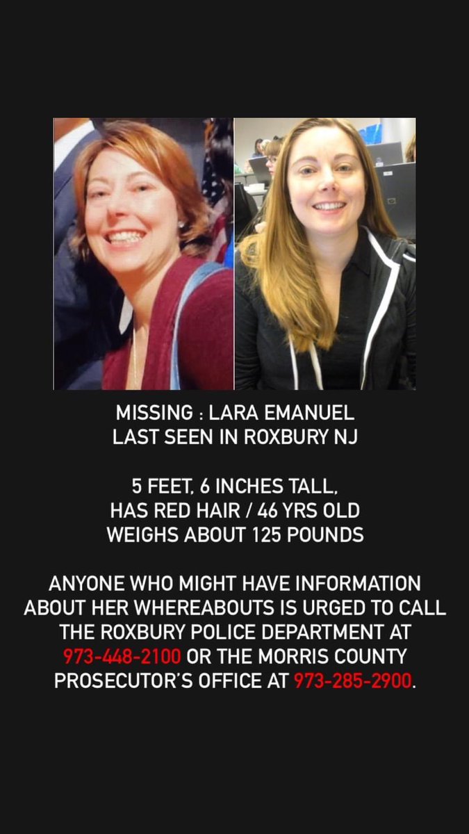 Lara Emanuel (46) is missing from Roxbury, New Jersey. She was last seen on June 7th. Her vehicle was found at the Holiday Inn Express in Mount Arlington the next morning. She is a teacher and this is out of character for her. Please share. #MissingPerson