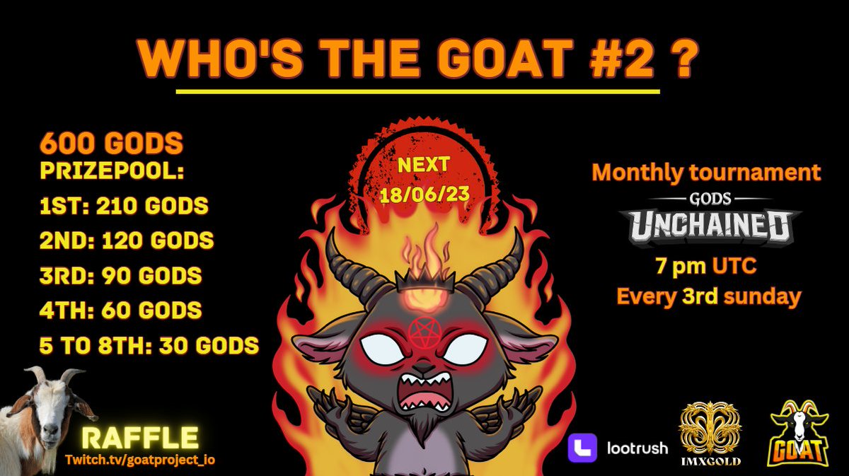 Hi mortals !
Who's The GOAT tournament #2 will take place Sunday 18th at 7pm UTC 👀

New rules will be applied.
Highlander format, BO1, Top4 BO3

Register now! 👇
communitygaming.io/tournament/who…

<a href="/GodsUnchained/">Gods Unchained</a> #LFGOAT