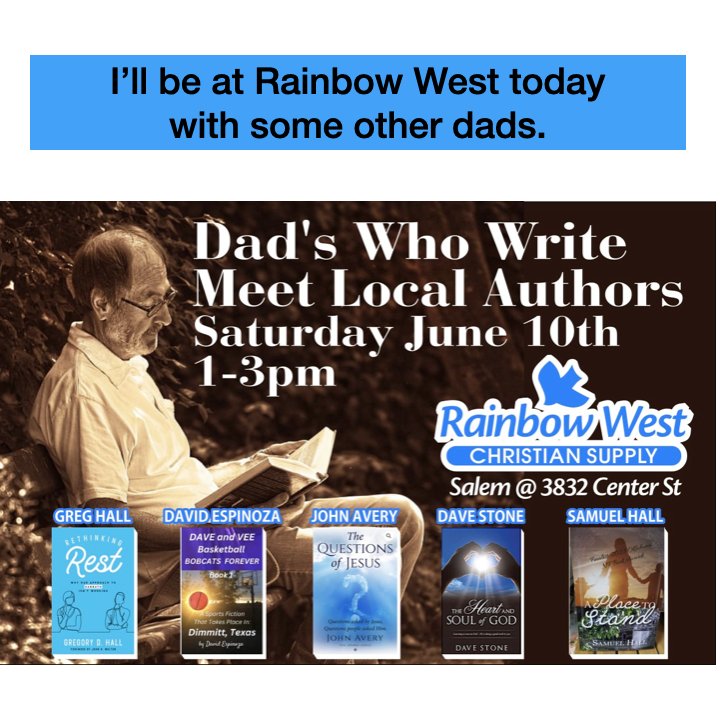 RethinkingStuff's tweet photo. I'll be at Rainbow West Christian Supply in Salem, OR this afternoon. Would love to have you drop by. Come on out and meet some dads who write books. https://t.co/f5QBL045UC