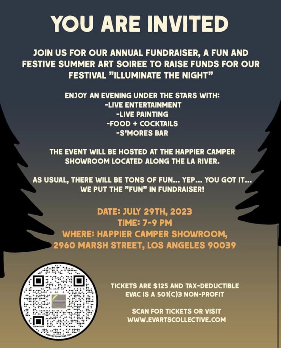 Tickets to our Annual Fundraiser just went on sale!

Join us for a fun night under the stars by the #LARiver and support our #Art and culture programs and events. 

Get tix: evartscollective.com