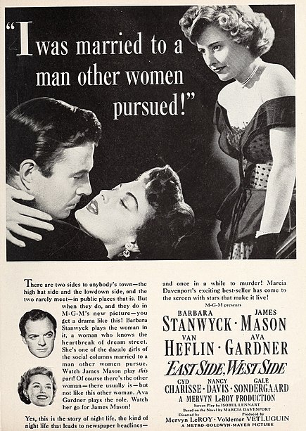 Sous-texte : Brandon #JamesMason tient Jessie #BarbaraStanwyck par devinez où, lui-même étant tenu par Isobel #AvaGardner, devinez encore par où.
Arrive Mark #VanHeflin qui aimerait bien se faire attraper, tout comme la jolie Rosa #CydCharisse.

'East side, west side'
#cinéphile