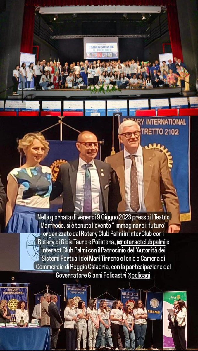 rotary2102's tweet photo. 9 Giugno 2023 - Teatro Manfroce. Evento "Immaginare il futuro" organizzato da RC Palmi con RC Gioia Tauro e RC Polistena, Rotaract e Interact Palmi con il Patrocinio dell'Autorità dei Sistemi Portuali dei Mari Tirreno e lonio e Camera di Commercio di Reggio Calabria. https://t.co/I4efy1uwtt