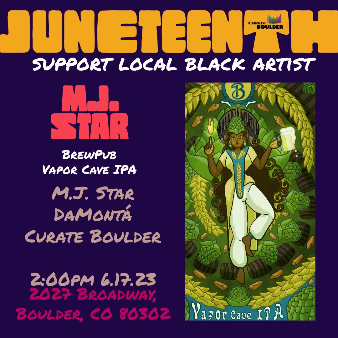 JasminePSampson's tweet photo. M.J. Star, DaMonta Madden and #CurateBoulder 6.17.23 R Gallery/Wine Bar 2PM/panel discussion on #blackart #blackculture.  #blackartist #blackart #art #artist #artwork #boulder #Colorado #303 https://t.co/C5CwhfMPfW