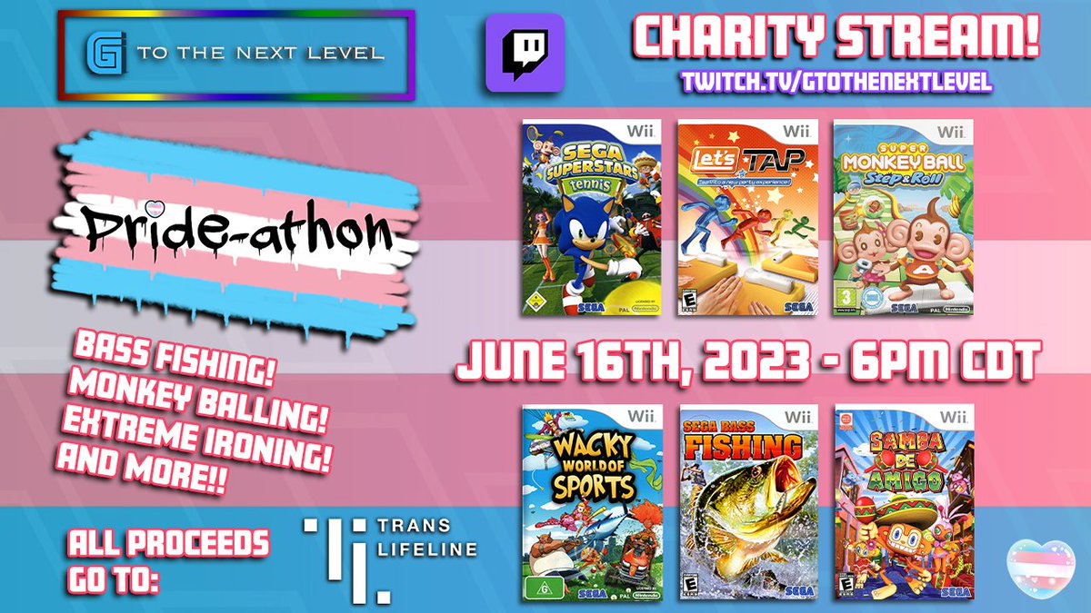 G to The Next Level - Twitch & YouTube! (@gtothenextlevel) on Twitter photo PRIDE Month News! Next Friday, 6/16, I'll be a part of Diverse Hearts' #Prideathon Charity Drive!
Hosted by <a href="/TheLastSeahorse/">Seahorse | VGM DJ | Vtuber</a>, I'm thrilled to be a part of this cause to raise funds for <a href="/TransLifeline/">Trans Lifeline</a>! What am I streaming? A medley of Sega's wackiest Wii games! Hope to see you~ PRIDE Month News! Next Friday, 6/16, I'll be a part of Diverse Hearts' #Prideathon Charity Drive!
Hosted by <a href="/TheLastSeahorse/">Seahorse | VGM DJ | Vtuber</a>, I'm thrilled to be a part of this cause to raise funds for <a href="/TransLifeline/">Trans Lifeline</a>! What am I streaming? A medley of Sega's wackiest Wii games! Hope to see you~