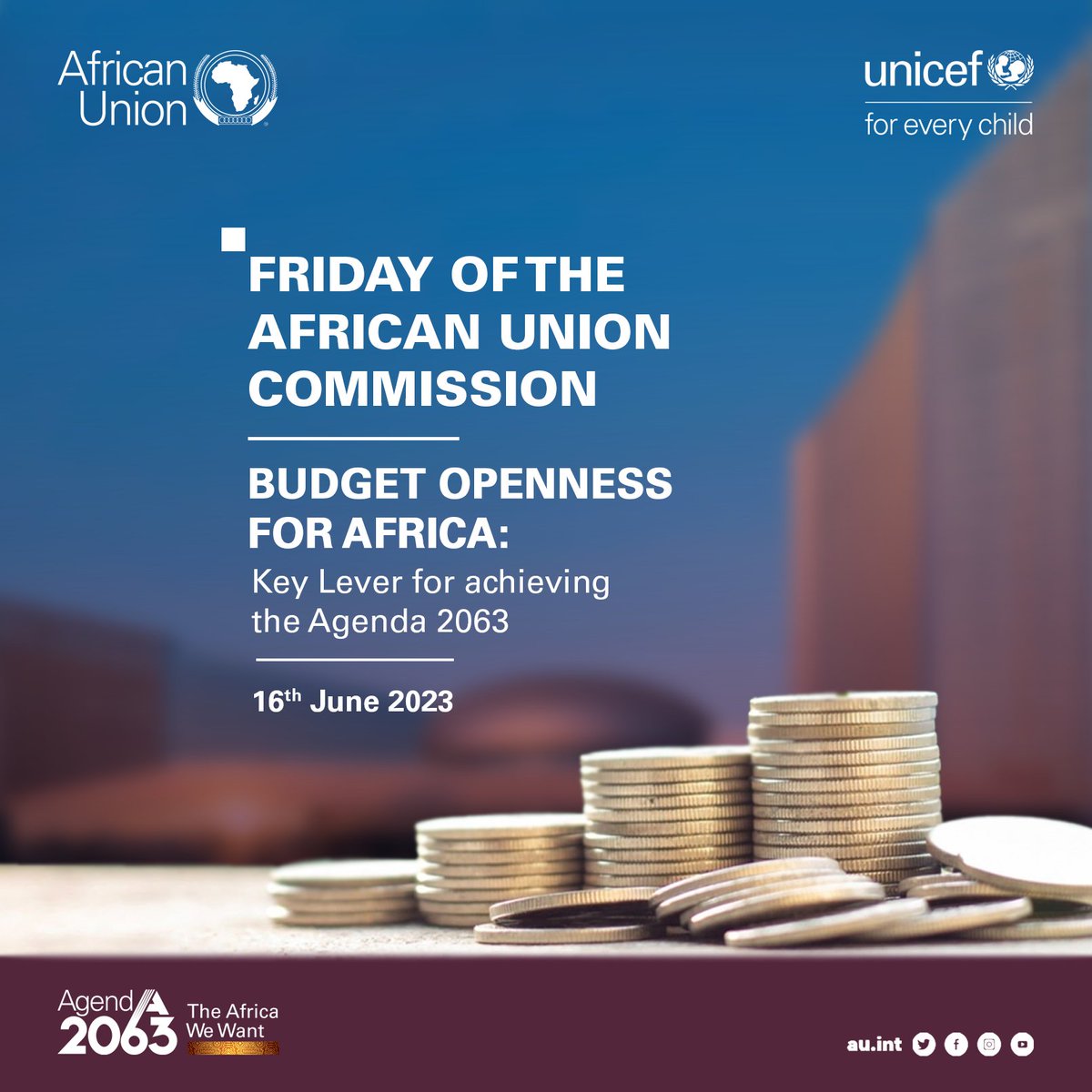 📣SAVE THE DATE‼️
Friday of the African Union Commission

Theme: Budget Openness for Africa: Key Lever for Achieving the AU #Agenda2063

🗓️16 June 2023
⏰14:30- 16:30 EAT

📍AU Headquarters in Addis Ababa.
📝Register in advance:
zoom.us/webinar/regist…

#ForEveryChild