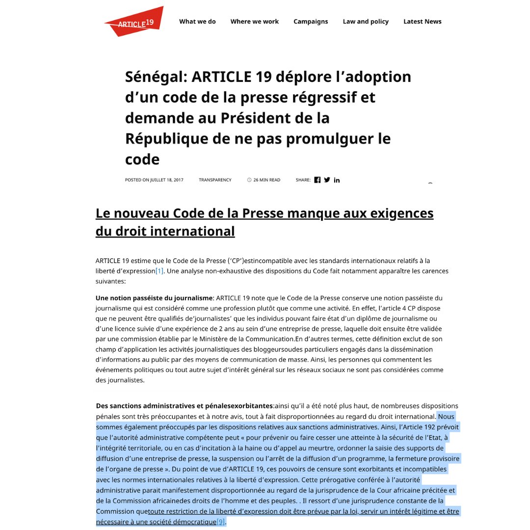 Pourtant en Juin 2017, à l’adoption du Code par l’AN, nous avions alerté sur les pouvoirs exorbitants conférés à l’autorité. Nous avions dénoncé l’art. 192 qui est aujourd’hui utilisé contre <a href="/walfadjrisn/">Walfadjri</a> .
Mieux, si la loi devait être appliquée, dans le présent Code, 👇
1/2