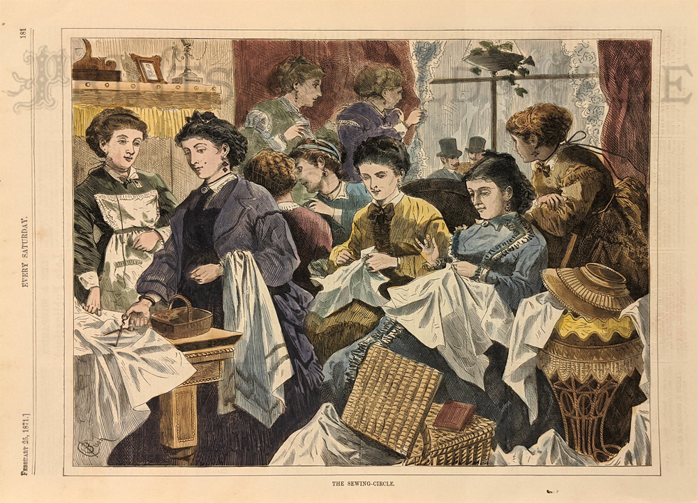 Kicking off the weekend with the ladies... and some light gossip 😉🥂🪡🧵

The Sewing-Circle (1871). The image displays a Saturday sewing party whilst two women gossip on the happenings outside the window
