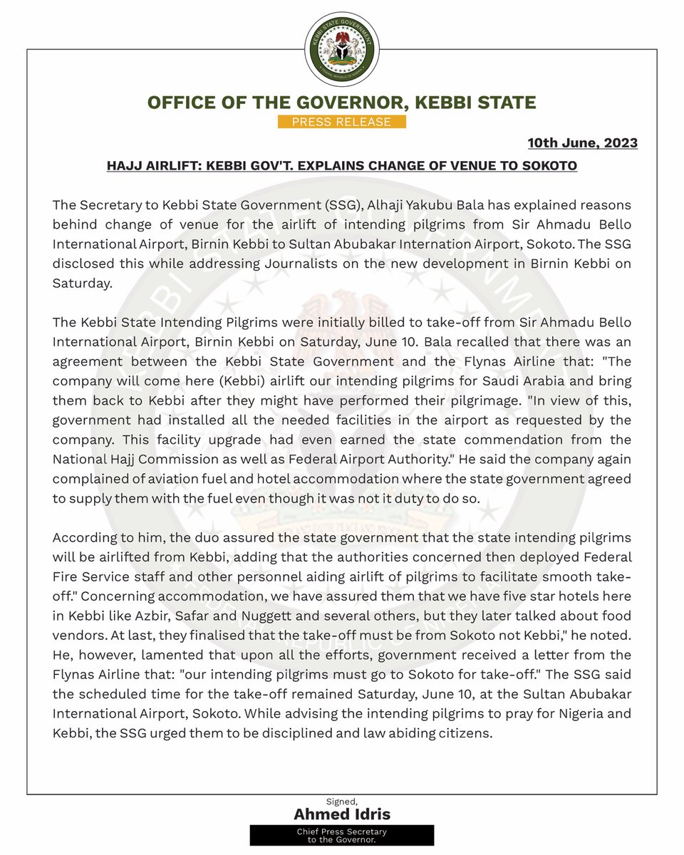 KBStGovt's tweet photo. Hajj Airlift: Kebbi Gov't. explains change of venue to Sokoto https://t.co/IKnc5LZ0Wd