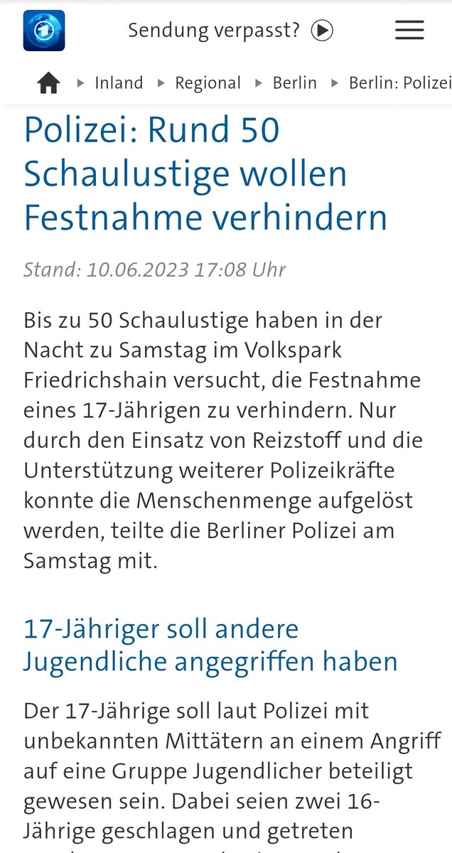 Die Tagesschau bezeichnet eine Gruppe von 50 Personen, die die Festnahme eines 17-jährigen Gewalttäters im Volkspark Friedrichshain verhindern wollten, als 'Schaulustige'. #ReformOerr #OerrBlog