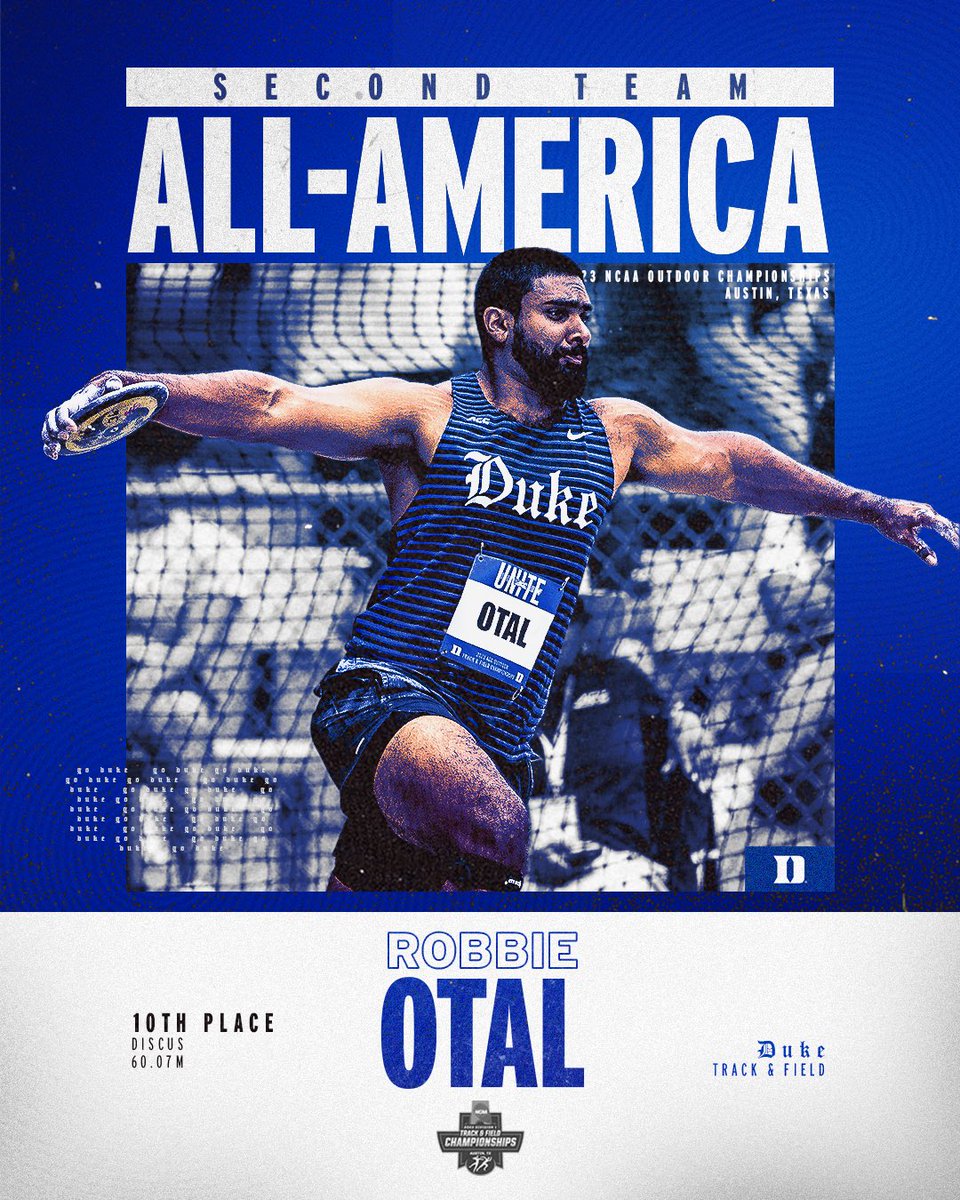 Robbie Otal earns Second Team All-America Honors 🔥🔥 

He threw 60.07 on his first throw to finish 10th in the NCAA as our highest finisher on the Men’s side!

#GoDuke