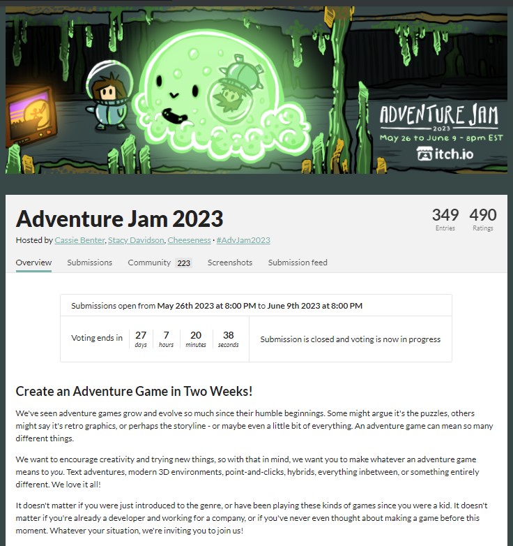This year we had over 2300 participants and way over 300 game submissions, an all-time high for Adventure Jam!

Make sure to stop by @itchio today to play all these fantastic games itch.io/jam/advjam2023

#AdvJam2023 voting is now in progress!