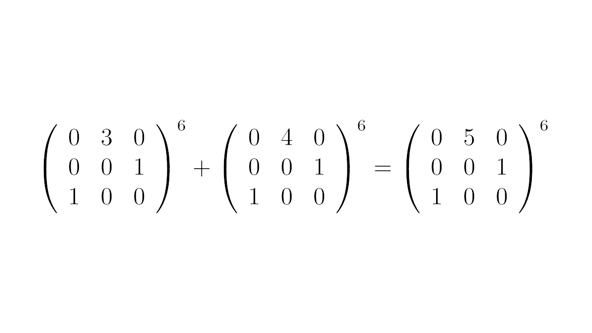 AlgebraFact's tweet photo. Fermat's last theorem does not apply to integer matrices of size > 1. https://t.co/M1TGYpx0Cx