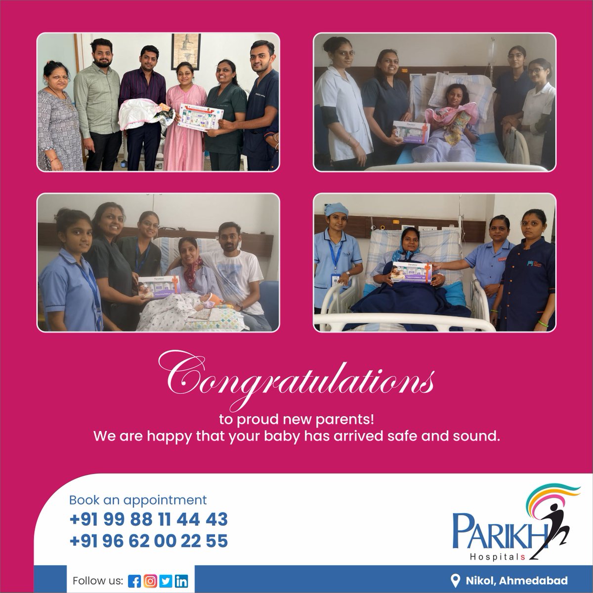 Congratulations to proud new parents ! We are happy that your baby as arrived safe and sound Book an appointment +91 99 88 11 44 33 / +91 96 62 00 22 55 #ParikhHospitals #nikol #congratulations #congratulation #safedelivery #safepregnancy #baby #healthybaby #pregnancycare