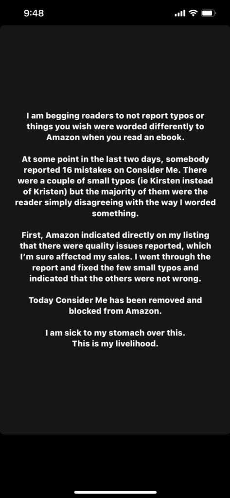 chloecomplains's tweet photo. Looks like it's time for the semi-annual reminder to *not* use the Report Content Error button on Amazon. Amazon routinely bans books based on this and, as evidenced by what just happened to Becka Mack, it doesn't take an egregious amount. https://t.co/gJJVF8LOuT