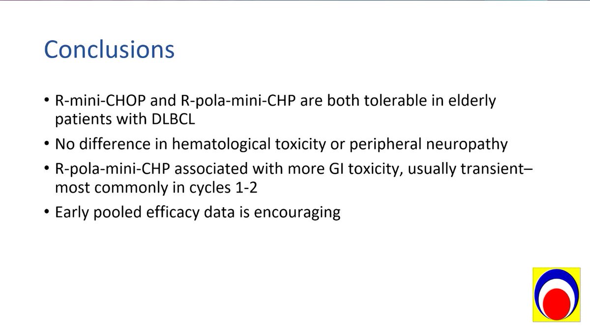 CONGRESS #EHA2023 | @LeppaSM @helsinkiuni presents initial safety data from ph III POLAR BEAR trial. R-pola-mini-CHP & R-mini-CHOP had comparable safety profile & were tolerable in elderly or frail pts with DLBCL. GI events were more common in pola group. #lymhoma #lym #lymsm