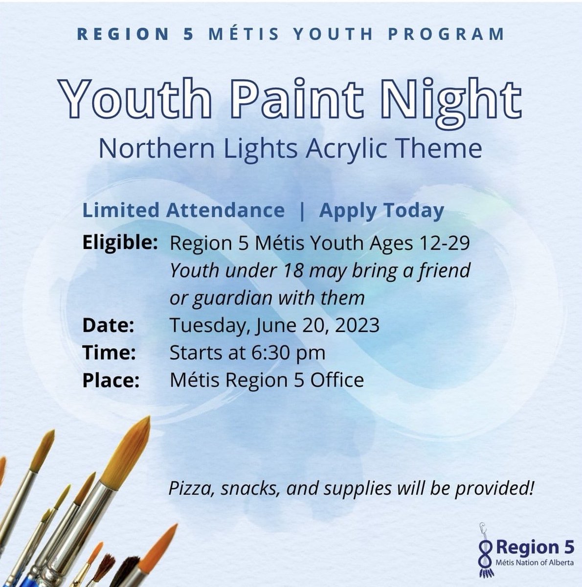 Join Region 5 Youth Coordinator Kelsey for a Northern Lights Acrylic Themed Youth Paint Night! All MNA Youth aged 12 - 29 are encouraged to register by emailing Kelsey @khordal@metis.org