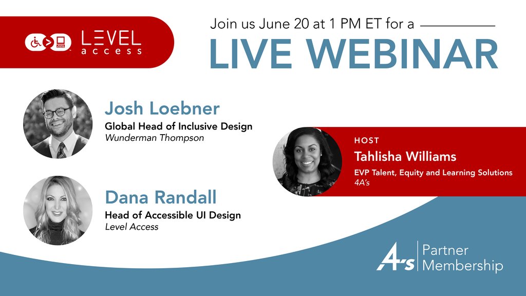 📣 Webinar: Creating Inclusive and Accessible Digital Experiences Without Sacrificing Innovation or Creativity
🗓️ Tuesday, June 20, 2023
⏰ 1:00 pm ET
Featuring: <a href="/JoshLoebner/">Josh Loebner, PhD</a> <a href="/WunThompson/">Wunderman Thompson</a> + <a href="/DanaRandallNYC/">Dana Randall</a> <a href="/LevelAccessA11y/">Level Access</a>
Register: aaaa.org/webinars/why-s…