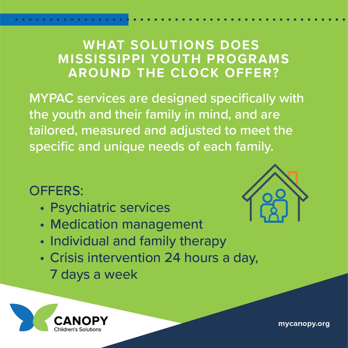 canopychildren's tweet image. Mississippi Youth Programs around the Clock (MYPAC) offers a variety of therapeutic services specifically designed for each individual youth and their family. #SolutionSpotlight #MYPAC