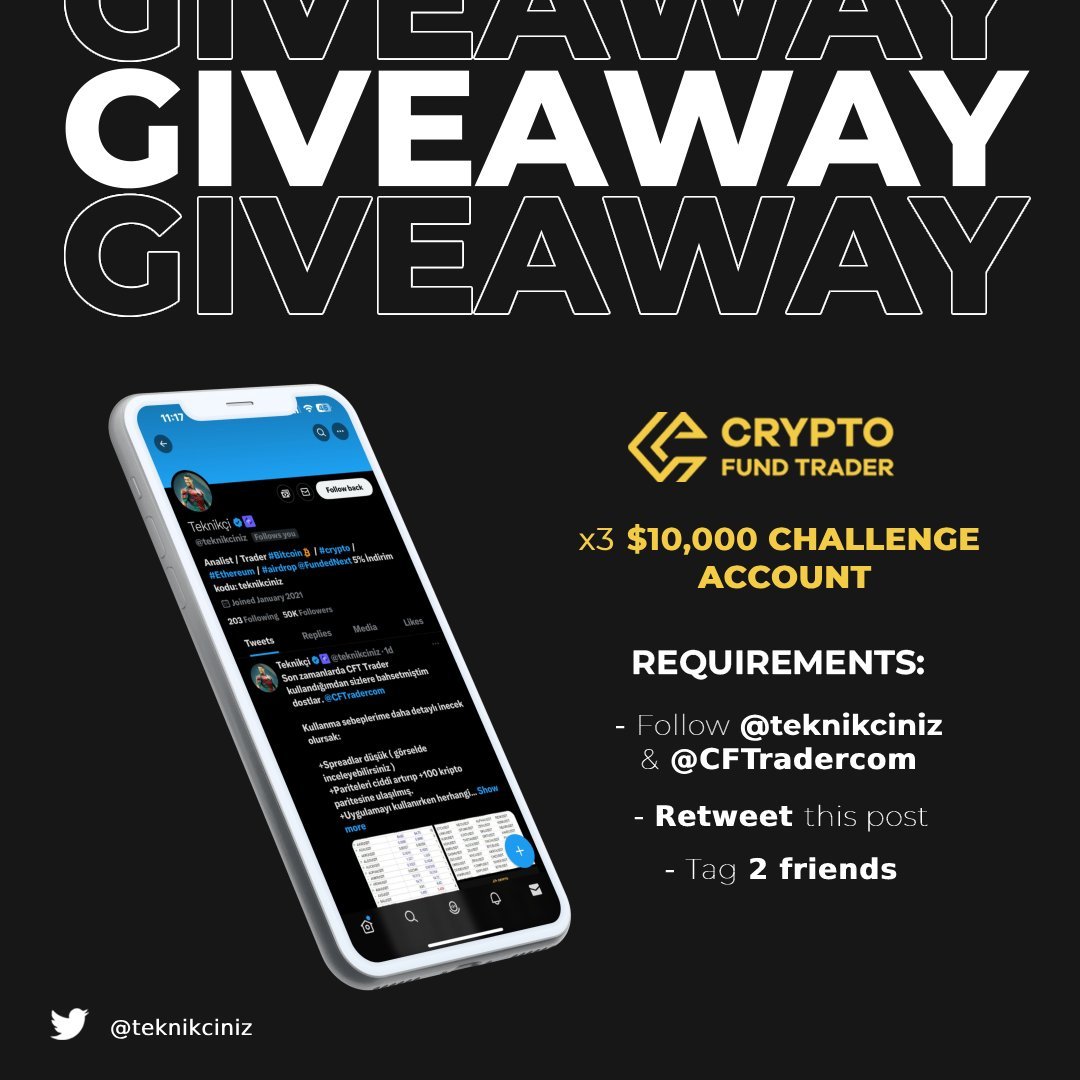teknikciniz's tweet photo. ÇEKİLİŞ 🎁

Direk olarak sermaye sağlıyoruz.
Toplam 30.000 $' lık fon çekilişi ;
3 kişiye 10.000' er $ fon hediye ediyoruz. Ettiğiniz kârın %80'i sizin olacak. 

Şartlar: 
-@teknikciniz ve @CFTradercom  hesaplarını takip et
-Bu tweeti RT yap.
-2 arkadaşını etiketle. https://t.co/ORMeCtDVaM