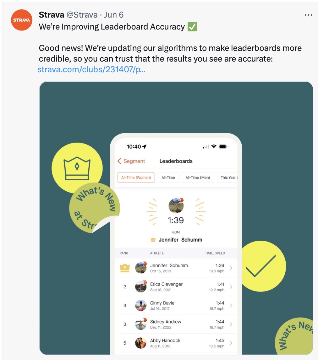 Strava on X: We're Improving Leaderboard Accuracy ✓ Good news! We're  updating our algorithms to make leaderboards more credible, so you can  trust that the results you see are accurate:    /