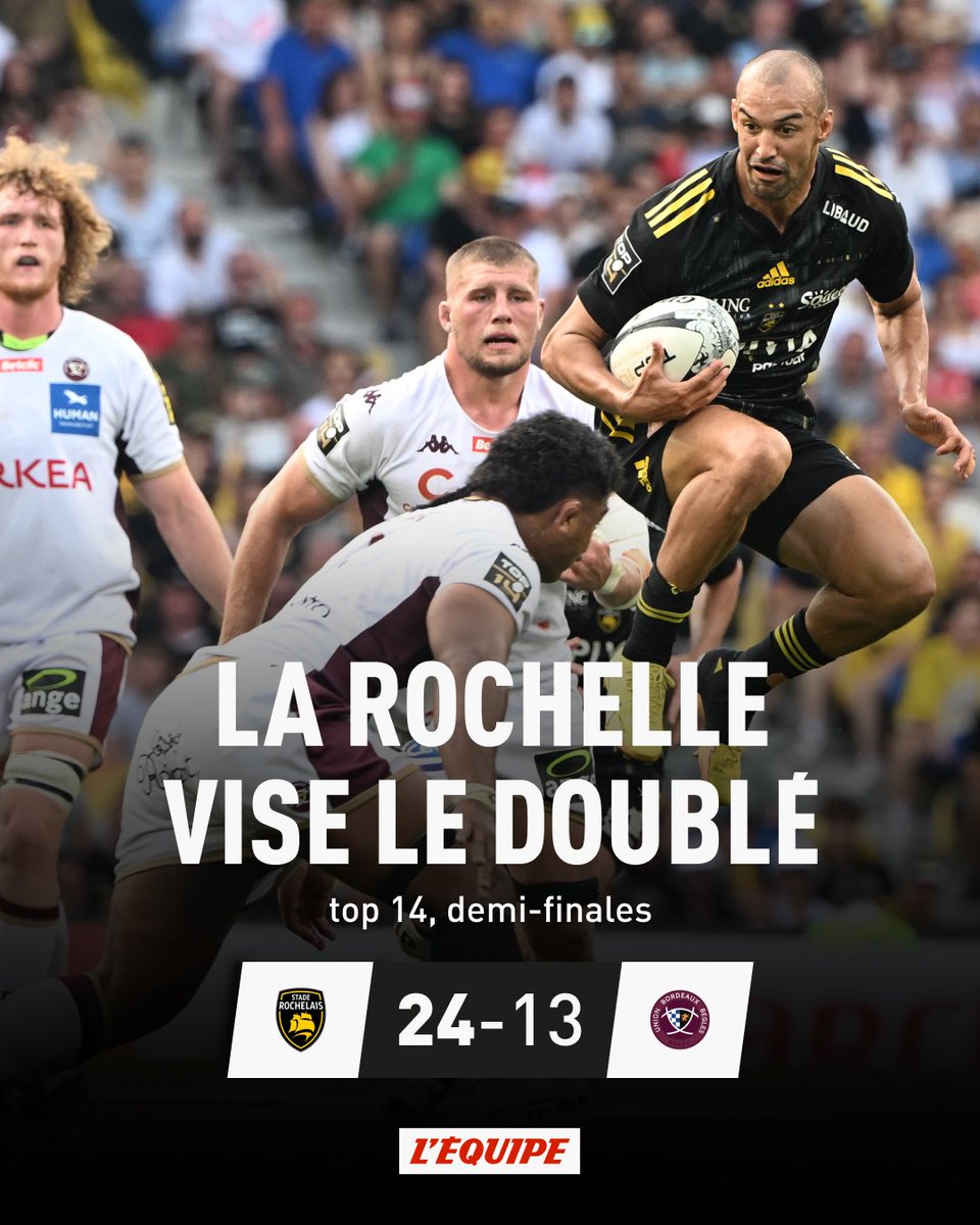 lequipe's tweet photo. Victorieux de l'UBB (24-13) samedi après-midi à Saint-Sébastien (Espagne) en demi-finales, le Stade Rochelais affrontera Toulouse en finale du Top 14 au Stade de France, samedi 17 juin (21h05). https://t.co/BEMt0kacV1 #LRUBB https://t.co/FHwvZkF0rO
