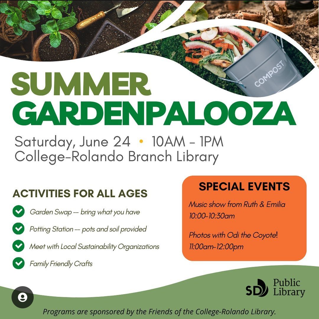SDPublicLibrary's tweet image. #CollegeRolandoLibrary&apos;s Garden Palooza is going on NOW until 1 p.m.! Attendees can take part in a garden swap, learn about green bins, meet fellow gardeners and enjoy fun crafts and light refreshments. Stop on by!