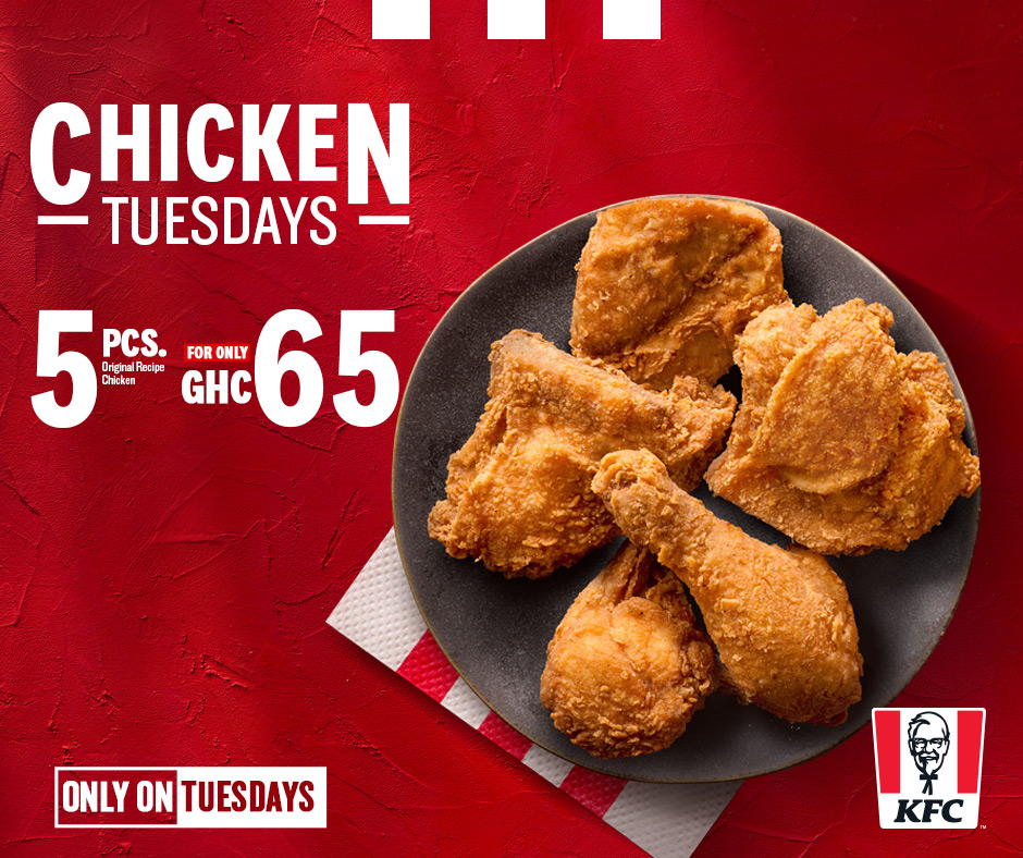 Your favourite Tuesday deal is here again!🍗🍗 Buy 5 pieces of chicken for only GH¢65. This deal is valid in all KFC restaurants and also for delivery services. Order here: bit.ly/42rJoVa 

#KFCChickenTuesday