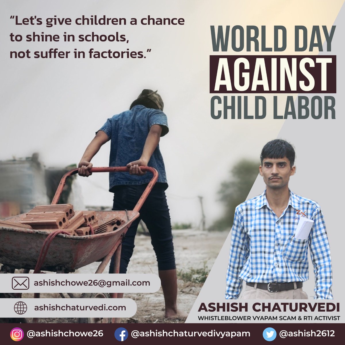 ashish2612's tweet photo. Child Labour Day - इस दिन को मनाने के पीछे
यह कारण है कि लोगों के बीच बाल मजदूरी को रोकने के
जागरूकता लाई जा सके. इसके साथ ही उन्हें बचपन में पढ़ाई
लिखाई, सही चिकित्सा सेवा और खेलकूद का पूरा मौका मिल
सकें.

#child #childlabours #ChildLabourDay #awareness
#vyapam #scam #india https://t.co/5vT1eVX5nk