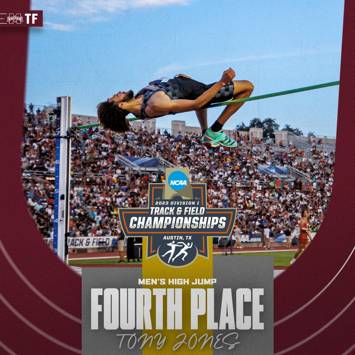 HailStateTF's tweet photo. 𝗜𝗖𝗬𝗠𝗜: 
Tony Jones earned a 4th place finish in the high jump (2.16m) for his best career NCAA Championship finish. He's also the first Bulldog to podium in the high jump since 2015  

Tony was also one of just two SEC jumpers to podium 😤

#HailState📷 | @TBxJ_ https://t.co/QhoBN9qYAU