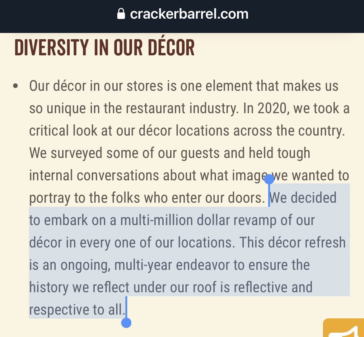 So Cracker Barrel spent millions of dollars revamping their famour decor to be more inclusive to groomers and pedos, as part of their “Diversity in our Décor” program. See this, from their website 👇