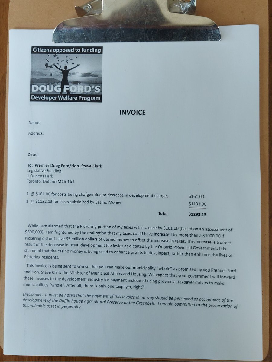 Lloyd489's tweet photo. @MargaretAtwood For our Spring Festival, we filled out invoices that we sent to Doug Ford. To cover the additional cost to Pickering taxpayers to put housing on our DRAP farmland, and of course, we had to use your stamps. https://t.co/GU3jKBUtuo
