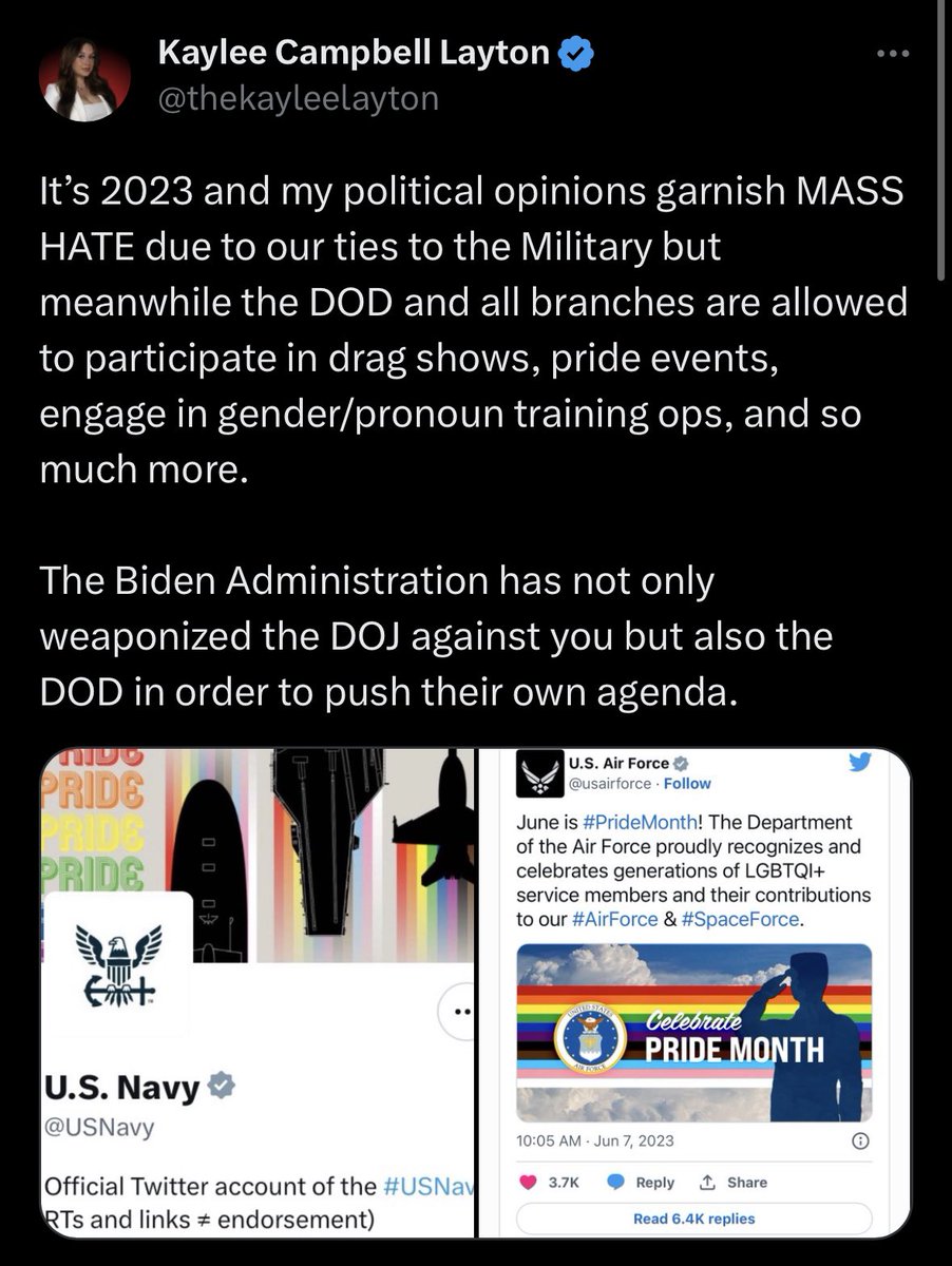 nerdbitches's tweet image. Since Kaylee Campbell Layton has blocked me, I’m going to address this tweet directly here.

It’s one thing to say “this doesn’t align with my personal beliefs”

It’s another thing to call for mass murder of a group of people. Which you have done. Military families want you OUT!